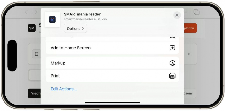 Přidání čtečky na plochu iPhonu Nabídka sdílení Safari na iPhonu s volbou Add to Home Screen