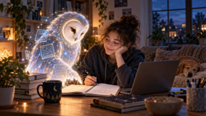Žena píše do sešitu u notebooku vedle světelné sovy znázorňující umělou inteligenci