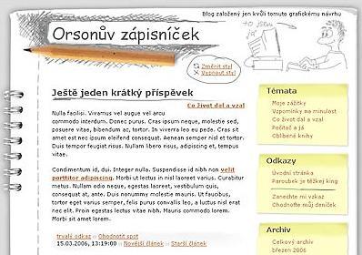 Šablona Skutečný deník pro Bloguje.cz v roce 2006 Výřez snímku blogové šablony s kreslenou tužkou, spirálou zápisníku a žlutým menu odkazů