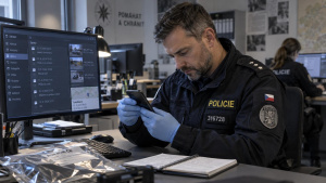 AI ilustrace policejního specialisty v rukavicích při analýze mobilního telefonu