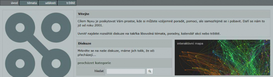 Titulní stránka Nyxu v září 2026 Veřejná titulní stránka Nyxu s nabídkou diskusí, interaktivní mapou a kalendářem