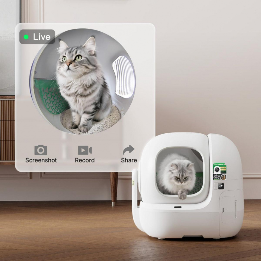 PETKIT Purobot Max Pro 2 s kočkou Kočka v samočisticí toaletě PETKIT Purobot Max Pro 2 a náhled z kamery