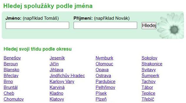 Hledání na Spolužáci.cz v lednu 2007 Výřez obrazovky Spolužáci.cz s hledáním podle jména a příjmení a seznamem okresů