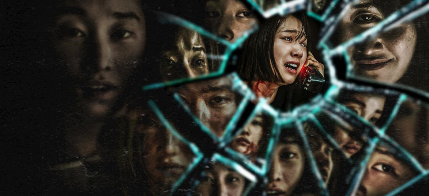 Telefon – oficiální vizuál Netflixu Vyděšená Seo-yeon s telefonem v rozbitém zrcadle ve filmu Telefon