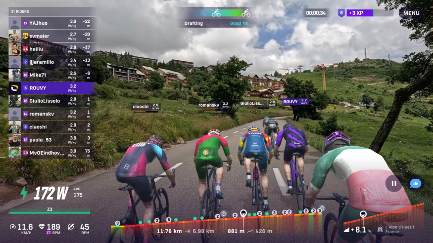 Alpe d’Huez v aplikaci Rouvy Snímek Rouvy z Alpe d’Huez s virtuálními cyklisty, skutečnými domy a horskou silnicí; při okrajích jsou údaje o výkonu, sklonu a profilu trasy