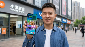 Číňan držící smartphone Redmi s operačním systémem iOS (Ilustrační obrázek)
