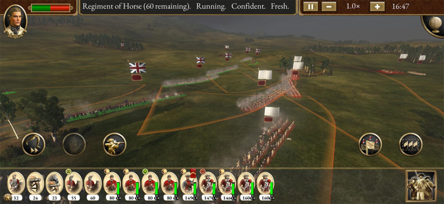 Pozemní bitva v mobilním Total War: Empire Mobilní Total War Empire s britskými jednotkami na bojišti, kartami jednotek dole a dotykovými tlačítky po stranách