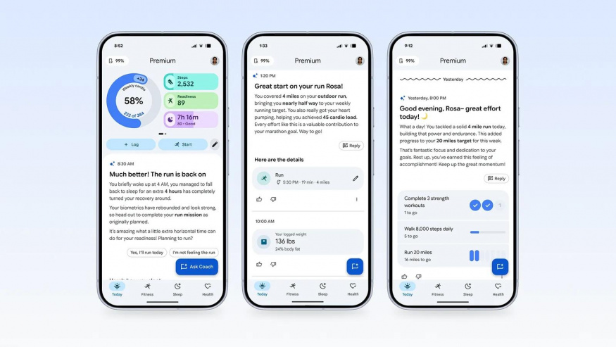Kouč a přehled připravenosti v Google Health Oficiální snímek aplikace Google Health s přehledem připravenosti a zprávami osobního kouče