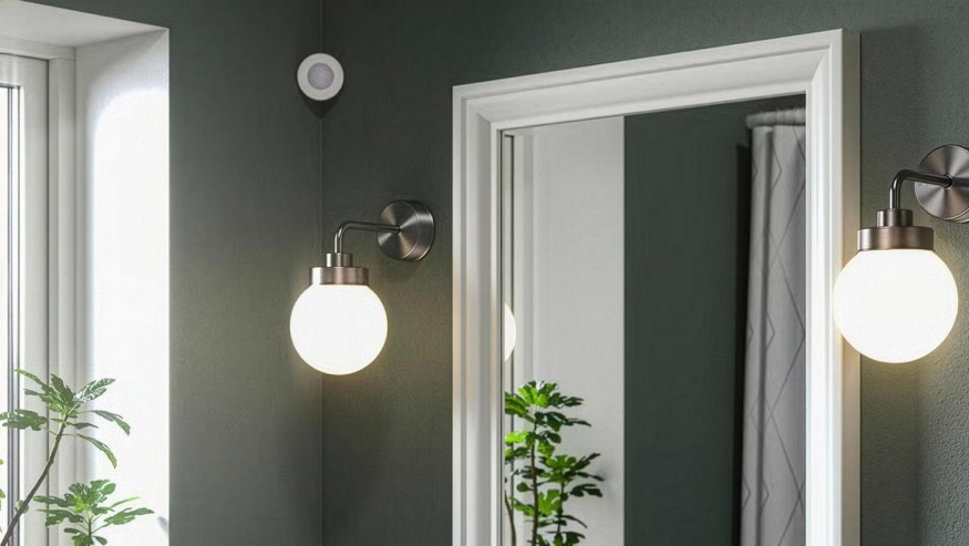 Pohybový senzor IKEA MYGGSPRAY Pohybový senzor IKEA MYGGSPRAY na tmavé stěně koupelny