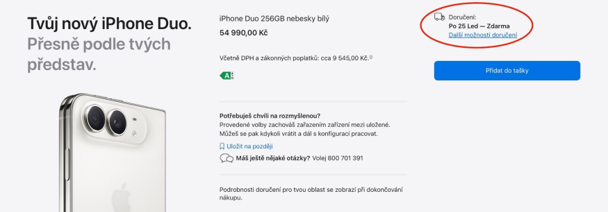 Dodání iPhonu Duo v Česku už teď sklouzává do roku 2027 Dodání iPhonu Duo v Česku už teď sklouzává do roku 2027