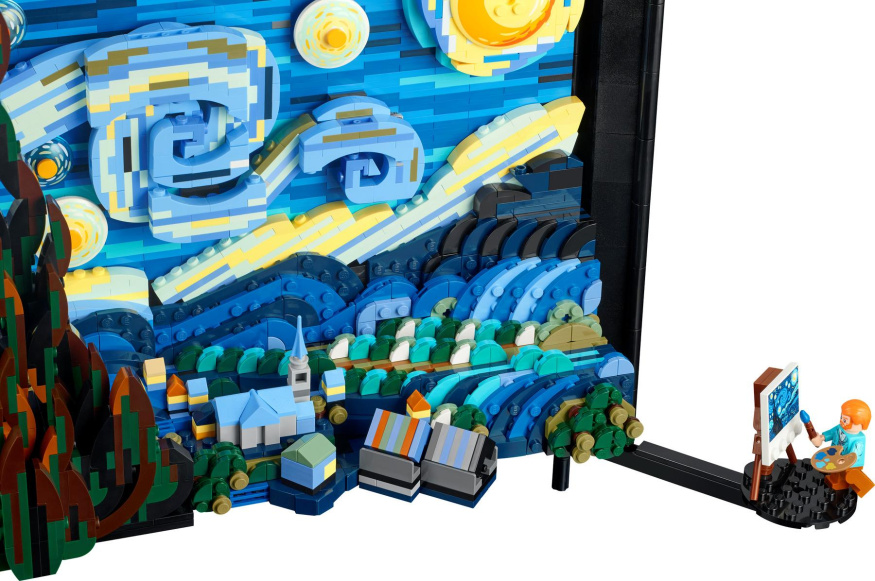 Plastické detaily LEGO Hvězdné noci Detail modrých a žlutých vrstev LEGO Hvězdné noci s minifigurkou Van Gogha na rameni vpravo