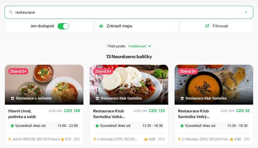 Výběr restaurací na webu Nesnězeno Vyhledávání restaurací na Nesnězeno s nabídkami, cenami a časy vyzvednutí