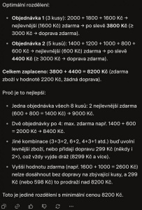 Grok počítá 8 200 Kč a porovnává jednu objednávku, 4+4 a 3+3+2 Grok počítá 8 200 Kč a porovnává jednu objednávku, 4+4 a 3+3+2