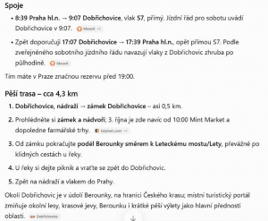 ChatGPT plánuje dopravu a procházku v Dobřichovicích ChatGPT plánuje dopravu a procházku v Dobřichovicích
